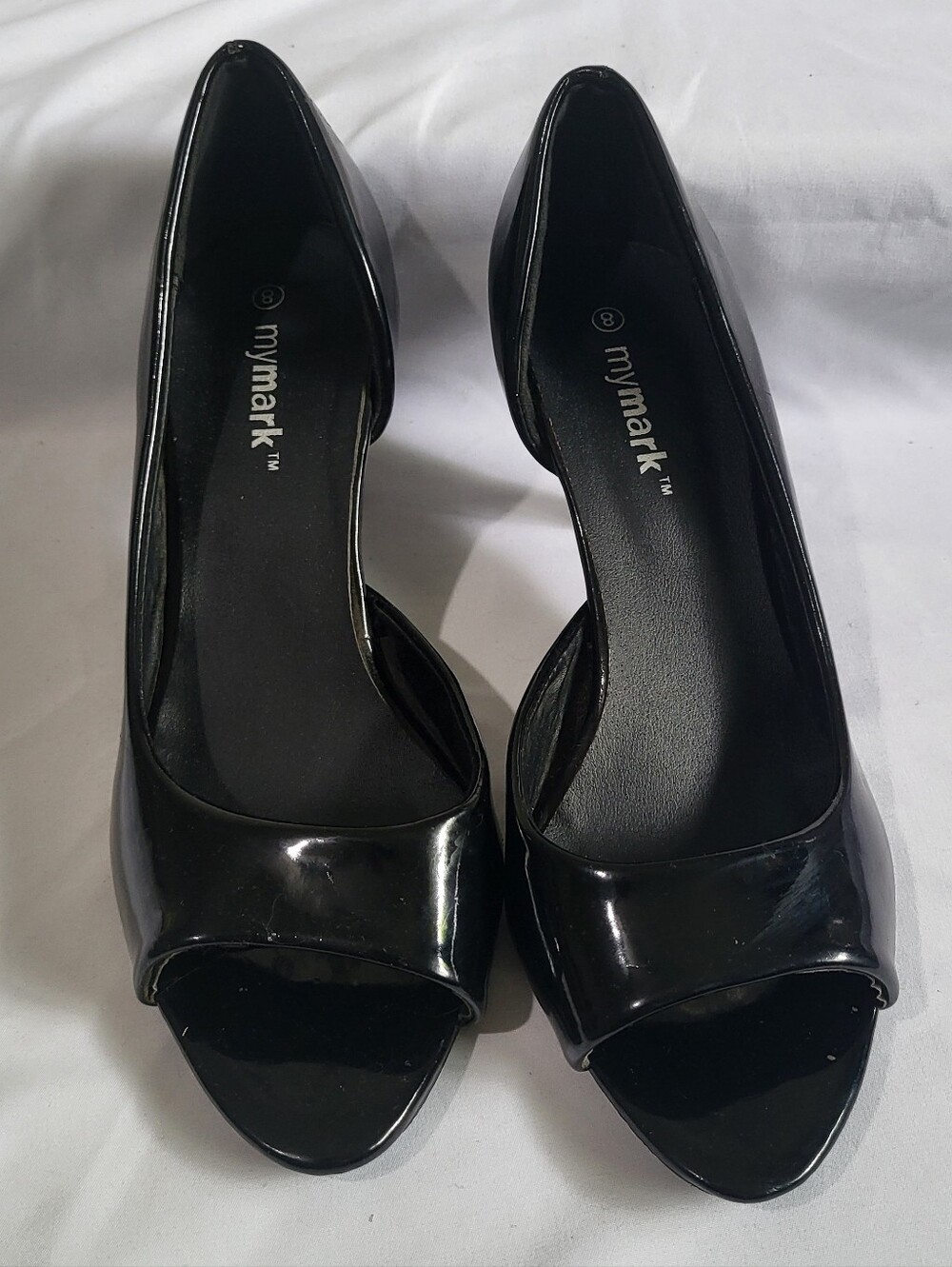 My Mark Peep Toe Black Patent Look Heels Womens Size 8